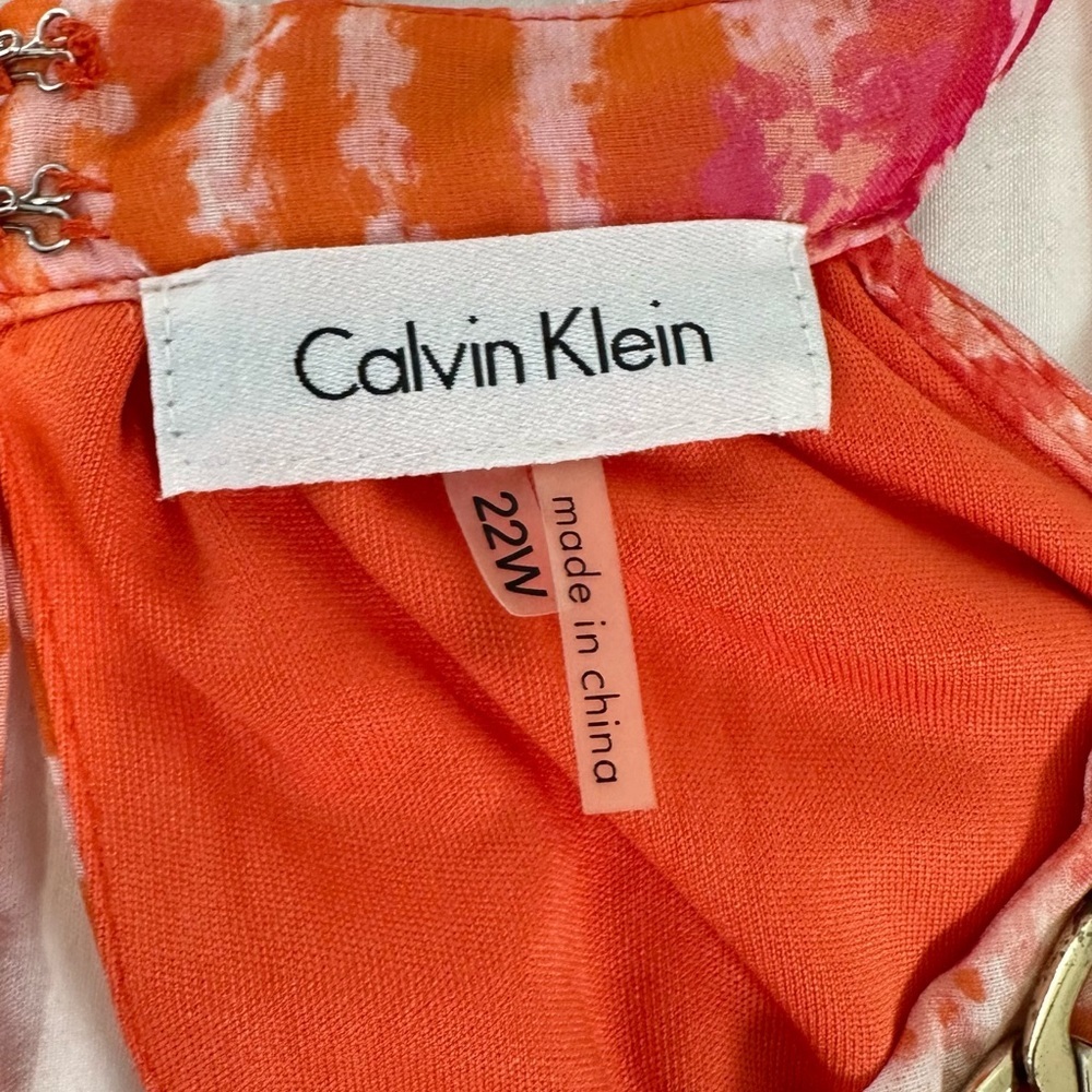 Calvin Klein Halter Orange Print Shift Dress with Gold Chain Trim Around Neck - Picture 2 of 9